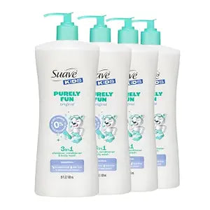 Suave Kids Purely Fun 3 in 1 Shampoo, Conditioner & Body Wash, Original Clean Scent, Hypoallergenic, Tear-Free Formula, Dermatologist Tested, 4 Count, 28 FL OZ