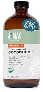 J MAC BOTANICALS Organic Fractionated Coconut Oil (16 Ounce Glass Bottle) Organic Carrier Oil and for DIluting Essential Oils, Moisturizer, Hair Care