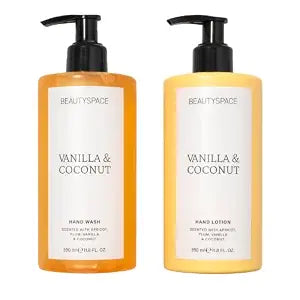 BeautySpace Vanilla and Coconut Hand Wash and Lotion Duo - Hydrating, Nourishing with Apricot, Plum - Suitable for Dry, Sensitive Skin - 2 Pc
