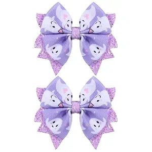 Glitter Halloween Hair Bows for Girls,2 Pack 3.5in Purple Ghost Print Grosgrain Ribbon Bow Clips Alligator Pins for Toddler Kids Teens Women Trick or Treat Gift Party Wear Dress Accessory