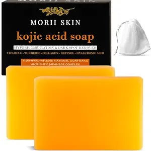 Organic Turmeric Soap Bar for Face, Kojic Acid Soap for Hyperpigmentation, Premium Japanese Formulated Kojic Soap Enriched with Vitamin C, Retinol, Collagen | 2-Bars + Mesh Net, 3.53 oz Each