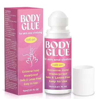 Body Glue for Clothes & Skin 2.54 Oz, Strong Body Adhesive Roll-On, Sweat Resistant & Water Washable, Professional Fashion Glue for Dancers, Butt Glue for Leotards, Wigs, Socks, Bras & Cosplay (75ml)