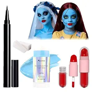 Mysense Sally Makeup Kit,Halloween Corpse Bride costume,Sally Face Cosplay Accessories for Women,Light Blue Face Paint+Red Double-Ended Lipstick+Black Eyeliner+Sponges