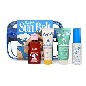Vacation Sun Belt Sampler, Includes Baby Oil SPF 30, Super Spritz SPF 50 Face Mist, Classic Lotion SPF 30, After Sun Gel,“Festival Friendly” Fanny Pack