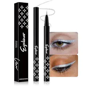 evpct 1Pcs Silver Glitter Sparkling Liquid Eyeliner, Metallic Shimmer Light Silver Eyeliner Liquid Eye Liner Eyeshadow Pencil Face Body Glitter Makeup, Longwear Waterproof, Fake Eyelashes Mascara