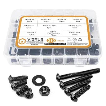 VIGRUE 210PCS 1/4-20 x 3/8" to 2" Button Head Socket Cap Screws Nuts Kit