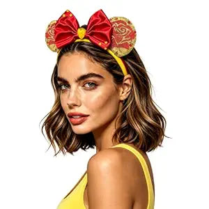 Belle Sequin Rose Headband with Princess Ears Bows for Women and Adults