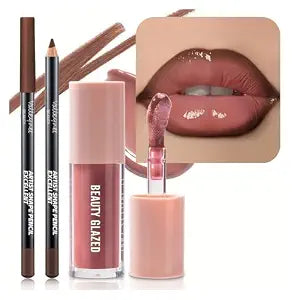 2Pcs/Set Mocha Brown Lip Liner and Nude Gloss Duo ��������� 2PCS 90s Overline Lip Combo Set for Fuller Looking Lips, Deep Sculpting Contour Pencil & High Shine Hydrating Glass Gloss, N