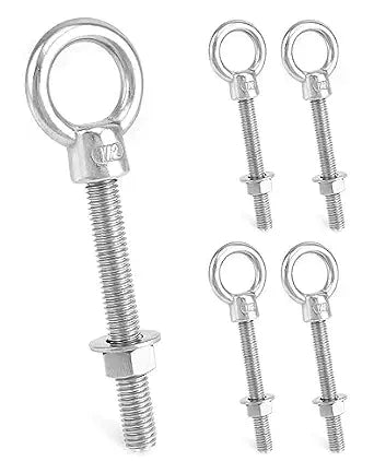 QWORK 304 Stainless Steel Shoulder Eye Bolts 1/2"x4", 5 Pack Marine & Rigging Hardware for Wood, Metal & DIY Projects