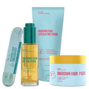 BASE LABORATORIES Ingrown Hair Kit – Oil, Exfoliating Pads, KP Body Scrub & Precision Tweezers, Complete Razor Bump Care Set for Bikini, Legs, Underarms, Men & Women