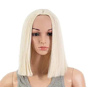 SWACC 12 Inch Short Length Straight Middle Part Hair Wig Synthetic Heat Resistant Wigs for Women with Wig Cap (Platinum Blonde)