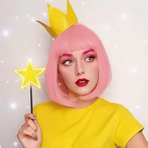 Rose bud Pink Bob Wig for Women Short Costume Party Wigs with Bangs