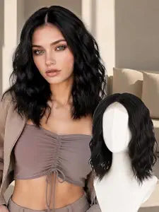 Black T Part Lace Front Wig 14" Wavy Bob Glueless Synthetic Wig for Women