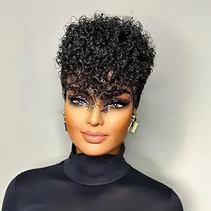 Pixie Cut Curly Human Hair Wig for Black Women Short Layered Pixie Wigs With Bangs Brazilian Virgin Curly Human Hair Wig Glueless Natural Black 1B Color for Everyday Use