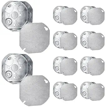 OHLECTRIC 4-Inch Octagon Metal Electrical Box with Blank Covers (10-Pack) 1-1/2 Inch Deep, Raised Ground, Galvanized Steel Drawn Construction Junction Box Kit, (4) 1/2" & (4) 3/4" Knockouts