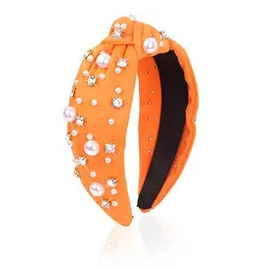 Orange Knotted Headband for Women, Pearl Rhinestone Head Bands