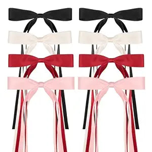 8 PCS Silky Satin Hair Bows with Tassel for Women Grils, Tassel Ribbon Bowknot Hair Clips for Ponytail Holder. Pink, Red Hair Bow and Black, White Barrettes Claw Bow