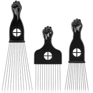 3 Pack Afro Hair Picks for Men and Women, Cpoxixt Metal Afro Comb Picks for Natural Curly Hair Styling Fist Design(Black)