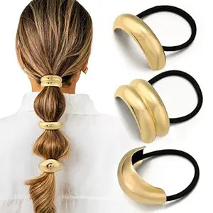 3PCS Gold Hair Ties, Metal Hair Ties for Thick Hair, Elegant Durable Geometric Design, Gold Hair Accessories Stretchy and Non-Damage Ponytail Cuff Holders, 3 Styles in Box Holiday Gifts
