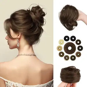 SOFEIYAN Human Hair Bun 100% Real Human Hair 16g Messy Bun Natural Tousled Stretchy Fluffy Donut Updo Elegant Chignon with Elastic Rubber Band Fake Bun Hair Piece for Women - Medium Brown