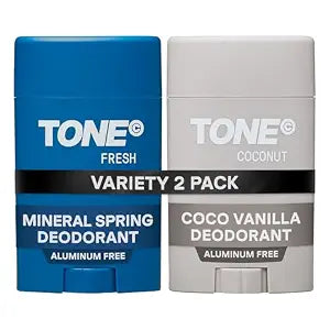 TONE Aluminum Free Deodorant for Men & Women, 2-Pack Variety, 2.65 oz, Fresh & Coconut, Paraben Free Formula with up to 48-Hour Odor Protection, Dermatologist-Tested