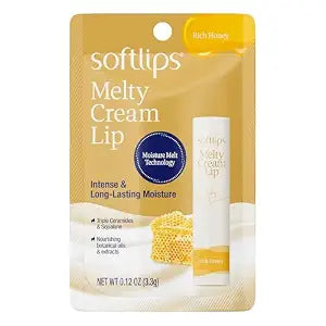 Softlips Melty Cream Hydrating Lip Balm, Honey Flavor, Long-Lasting Moisturizing Care for Everyone with Dry, Chapped Lips, Smooth Non-Sticky Finish, 0.12 oz