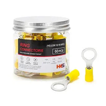 HKS 60PCS Insulated Ring Terminal 3/8" Yellow 12-10 AWG - M10 - Tinned Red Copper - Electrical Wire Connector Kit Crimp PVC