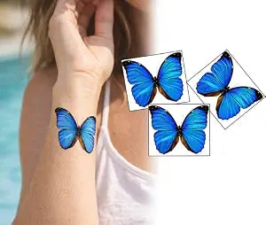 Blue Butterfly Temporary Tattoo (3 Pack) ��� 2 inch Wrist Tattoo ��� Realistic Matte Finish, Waterproof, Delicate Aest