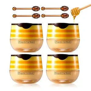 4 Pcs Bee Lip Balm Honey Pot, Propolis Moisturizing Lip Mask Reduces Lip Lines Exfoliator Prevention Lip Dry and Cracked.(Honey)