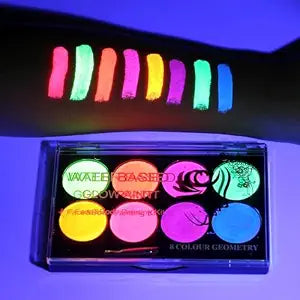 8 Neon UV-Active Makeup Palette, Glow-in-The-Dark Blacklight Body Art, Water-Based Fluorescent Face & Body Color Kit, Water-Activated Eyeliner, Washable for Adults Halloween Masquerade Club Parties