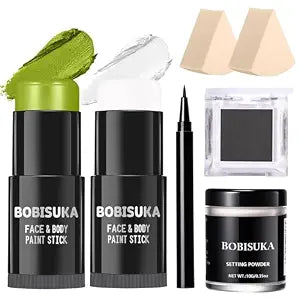 BOBISUKA Light Green & White Face Body Paint Stick Kit with Black Eyeshadow, Black Liquid Eyeliner, Setting Powder & 2 Sponges ��������� Halloween Cosplay Makeup Set for Witch, Beetl