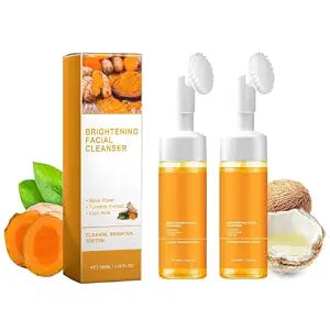 2 Pcs Turmeric Foaming Face Wash, Deep Cleaning Scrub Exfoliating Glow Wash Turmeric Facial Cleanser With Brush for All Skin.