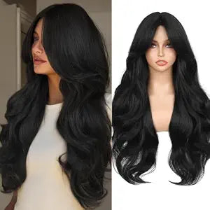 WIGNEE Curtain Bang Wig 26 Inch Black Wig Synthetic Long Wavy Wig for Women