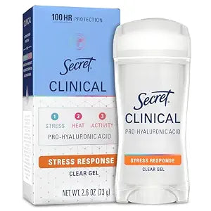 Secret Clinical Strength 100HR Sweat & Odor, Stress Response Clear Gel Antiperspirant Deodorant for Women, 3X Stress Protection with Pro-Hyaluronic Acid, PH Balancing Minerals, 2.6 oz