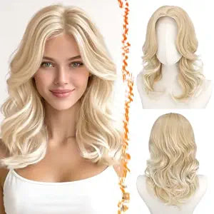 BARSDAR Short Wavy Layered Blonde Wig - Shoulder Length Wavy Blonde Wigs for Women - Short Loose Wave Textured Layered Wig with Face-Framing Curtain Bangs Soft Synthetic Natural Looking Daily Party