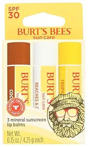 Burts Bees SPF 30 Lip Balm, Island Getaway, Coco Loco, Beaches & Cream, Tropic Like It's Hot, Water-Resistant Sun Care, Natural Origin Lip Treatment, 0.15 oz., Three Tubes