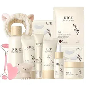13PCS Rice Korean Skin Care Set, Korean Skincare Set, Korean Skin Care Kit - Rice Cleanser, Toner, Serum, Cream, Mask, Gua Sha & Headband, Gentle Skincare for Girls 10-12