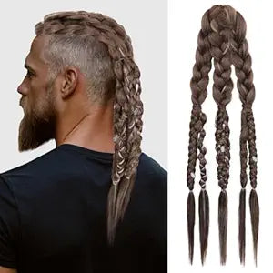 NTYNTY Viking Hair Extensions for Men – 24" Handcrafted Clip In Braided Ponytail Hairpiece for Halloween Viking Costume Renaissance Warrior Accessories - Dark Auburn
