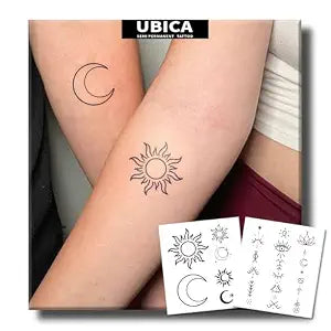 Semi Permanent Tattoo, Sun & Moon Minimalist Fine Line Small Temporary Tattoos for Balance & Duality, 2 Sheets, Lasts 1���2 Weeks, Waterproof & Non-Refl