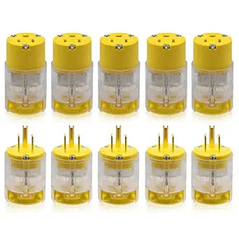 ELEGRP Lighted Straight Blade Electrical Plug and Connector Set 15 Amp 125 Volt NEMA 5-15P NEMA 5-15R 2 Pole 3 Wire Grounding, Commercial Grade, Yellow, 5 Set