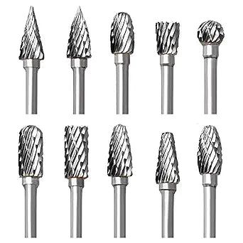 Tungsten Carbide Rotary Burr Set for Dremel, 10PCS Carbide Double Cut Carving Burr Bits with 1/8 Shank Rotary Tool Accessories for Woodworking, Engraving, Drilling, Steel Metal Working