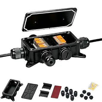 IP65 Waterproof Junction Box for WAGO 221 Lever Nuts, Outdoor Electrical Enclosure with Cable Glands, Universal Wire Connection Box for Garden, Lighting, Automotive(Connectors Excluded) (Black)
