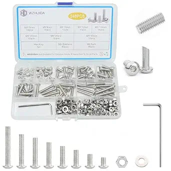 240 Pcs M5 Screws Assortment Kit, M5x6mm/8mm/10mm/12mm/16mm/20mm/25mm/30mm, Metric Hex Button Head Socket Cap Screws Nuts Washers Kit with Wrench, 304 Stainless Steel