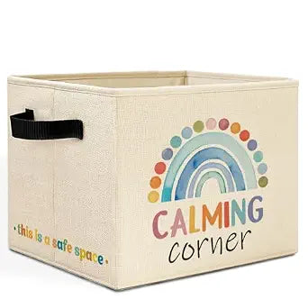 Calming Corner Boho Classroom Storage Bins Box with Handles, Mental Health Rainbow Collapsible Basket Hamper Clothes Toys Organizer for Therapy Psychology Classroom Calm Down Corner