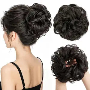 CJL HAIR Large Messy Bun Hair Piece Wavy Curly Scrunchies Synthetic Chignon Ponytail Hair Extensions Thick Updo Hairpieces for Women Brown Black