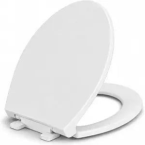Elongated Toilet Seat, Slow Close, White Plastic, Never Loosen, 18.5