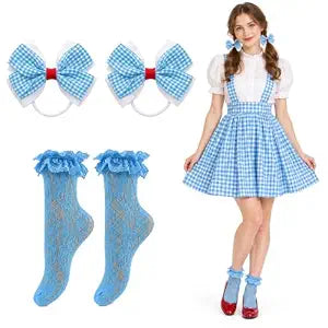 Blue Gingham Bows and Lace Socks, Adult Costumes for Women Accessories Set