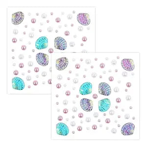 Totelux Mermaid Face Gems Shell Pearl Face Jewels Stickers Body Eye Rhinestones Temporary Tattoo for Adult Women Summer Mermaid Birthday Party Cosplay Makeup Accessories 2PCS