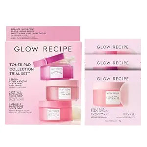 Glow Recipe Toner Pads Kit Trial Set, 12-Piece Korean Toner Pad Kit with Exfoliating, Soothing & Brightening Pads, Fragrance-Free 5-Minute Facial Treatment for Sensitive Skin