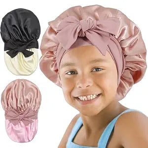 2 PCS Kids Bonnet for Girls Double Layer Silk Satin Bonnet Sleep Cap for Child Curly Natural Hair 3-12Y (pink&black)